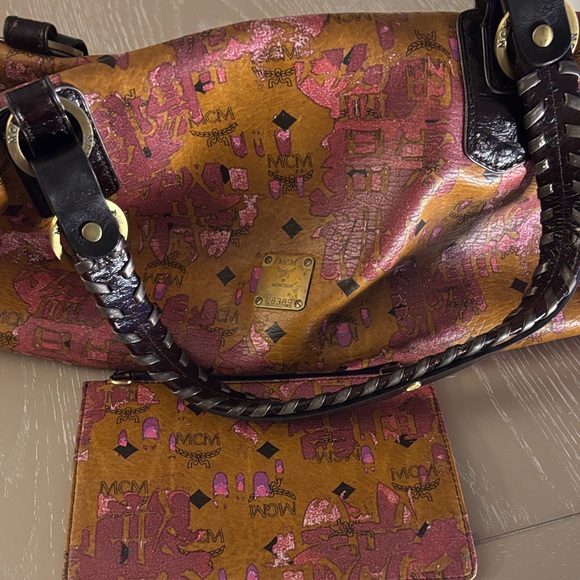 MCM Handbags - MCM Cognac Visetos Shoulder Bag with Pink Metallic Accents